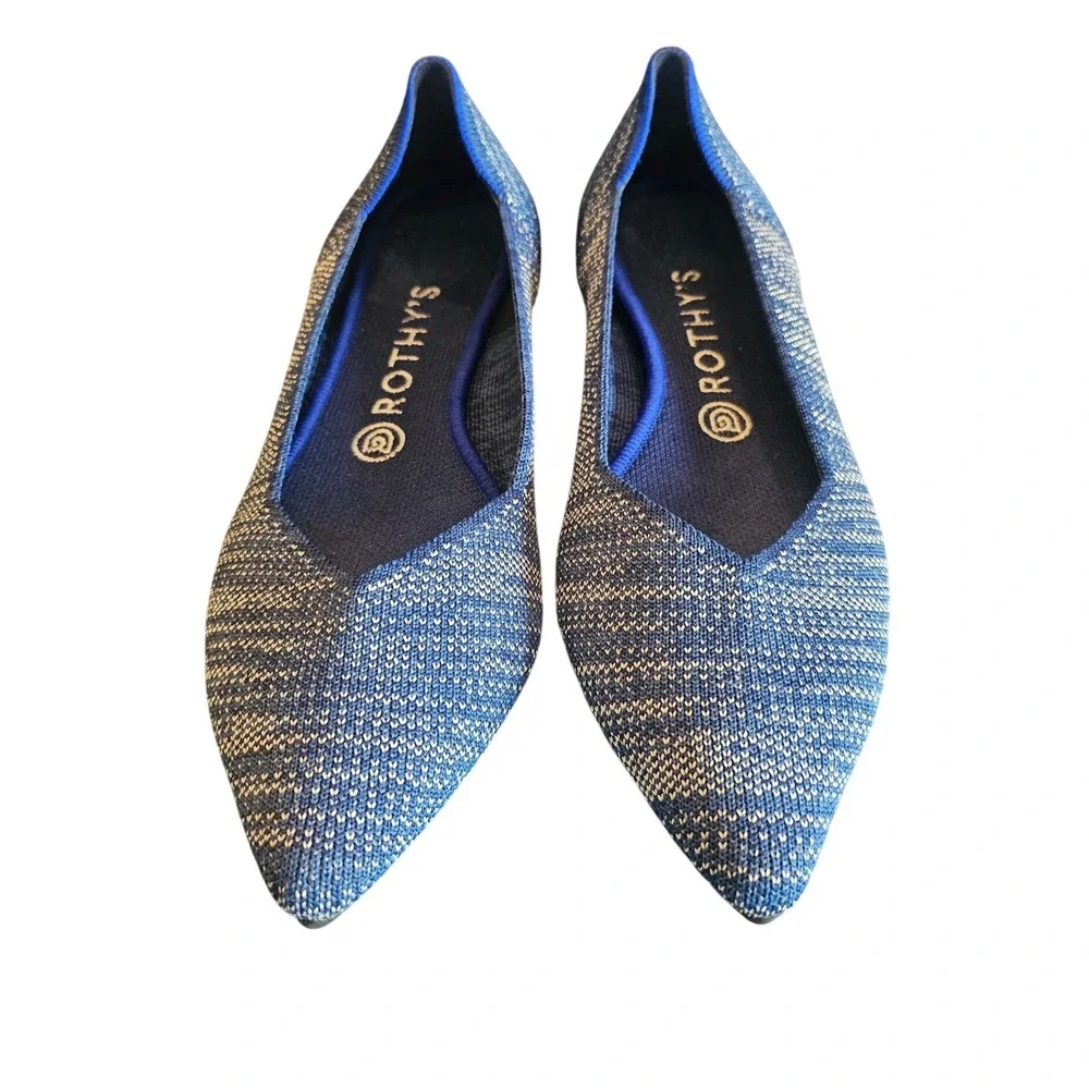 Rothys The Point Blue Indigo Heathered Knit Pointed Toe Flat Shoe Size 9